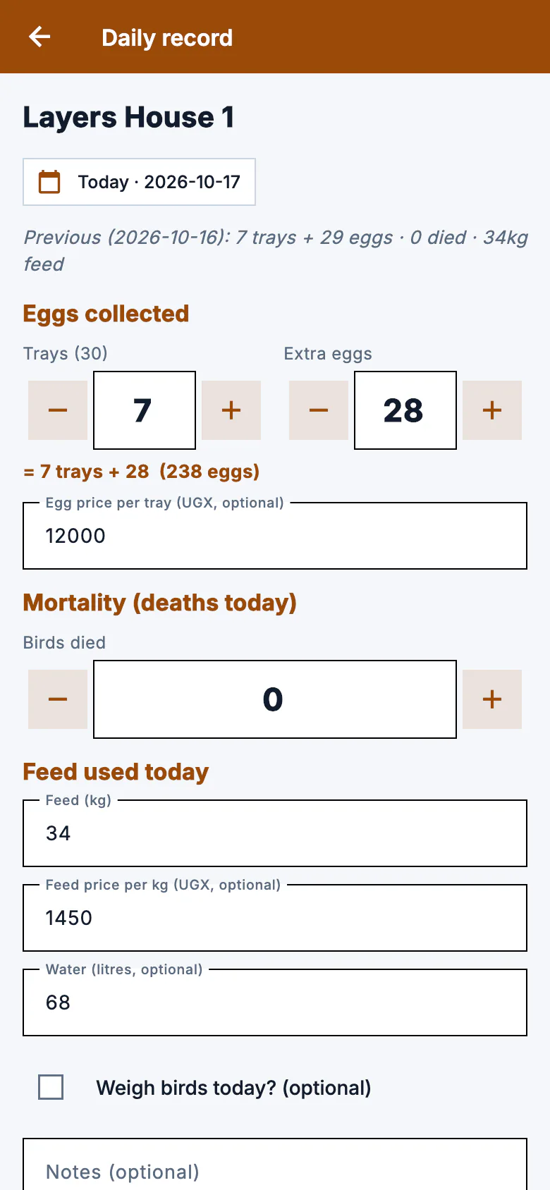 The Kuku Tally daily card for a layers batch: trays and extra eggs, feed in kilograms, water, birds that died and notes.