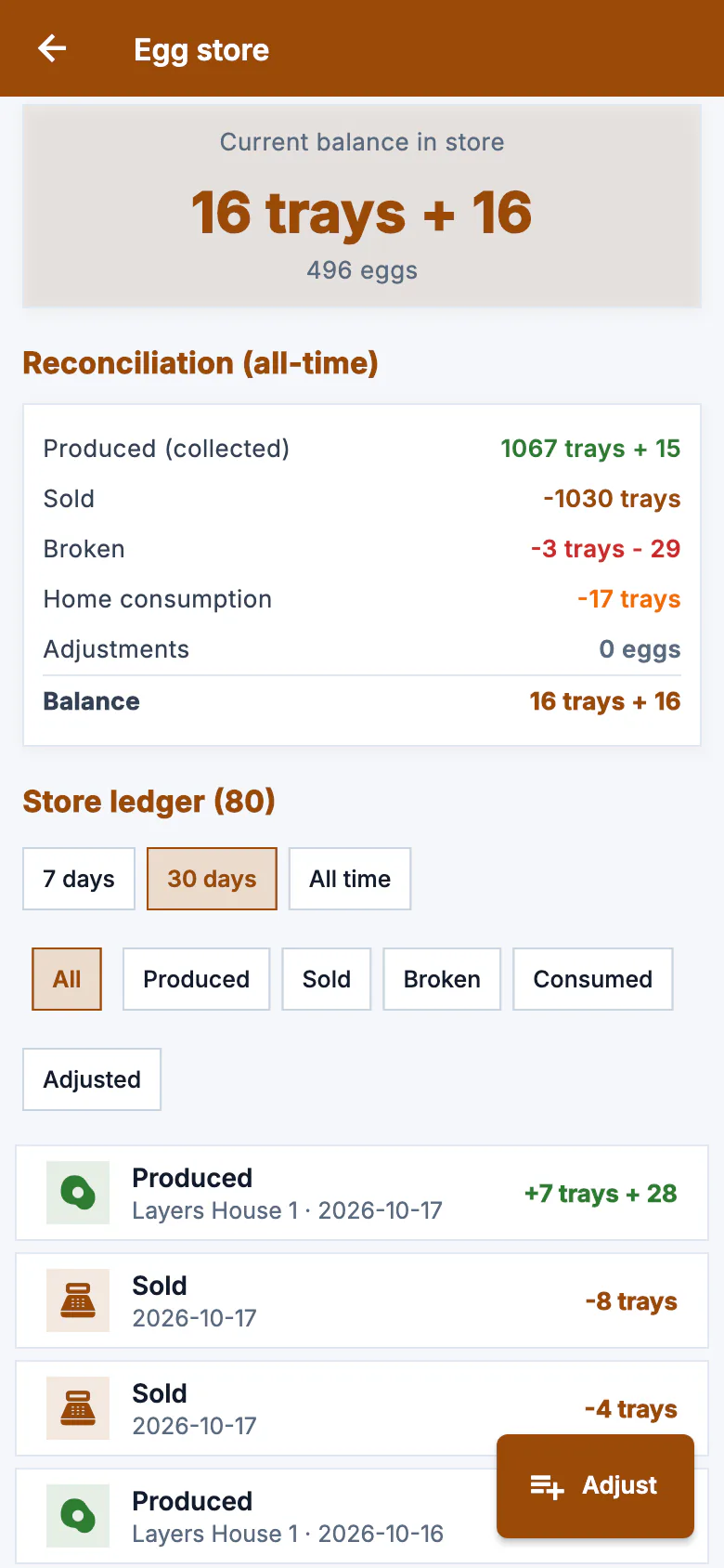 The Kuku Tally egg store: eggs collected, sold and broken, with the balance in trays and pieces.